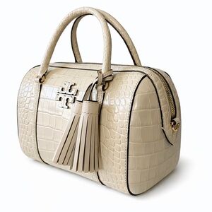 Tory Burch Croc-Embossed Satchel – Cream